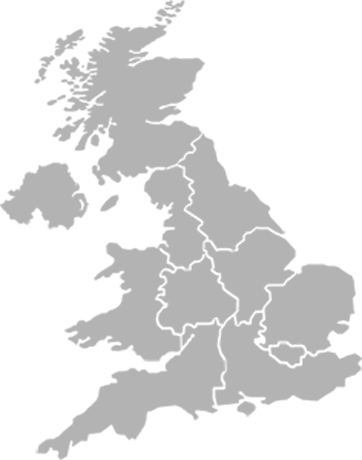 A grey 2D map of Great Britain with the different regions of Great Britain marked out as sections