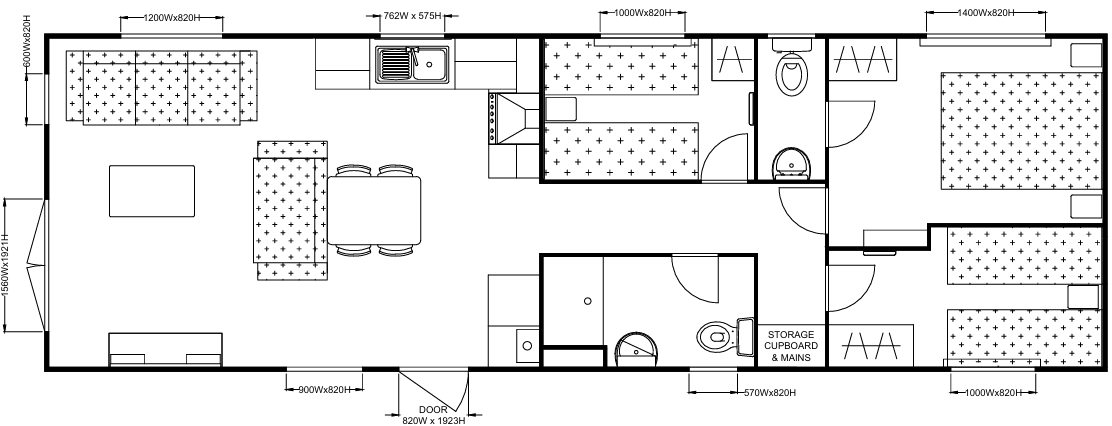New Delta Saffron Deluxe Static Caravan 41x13 3 Bedroom floor plan