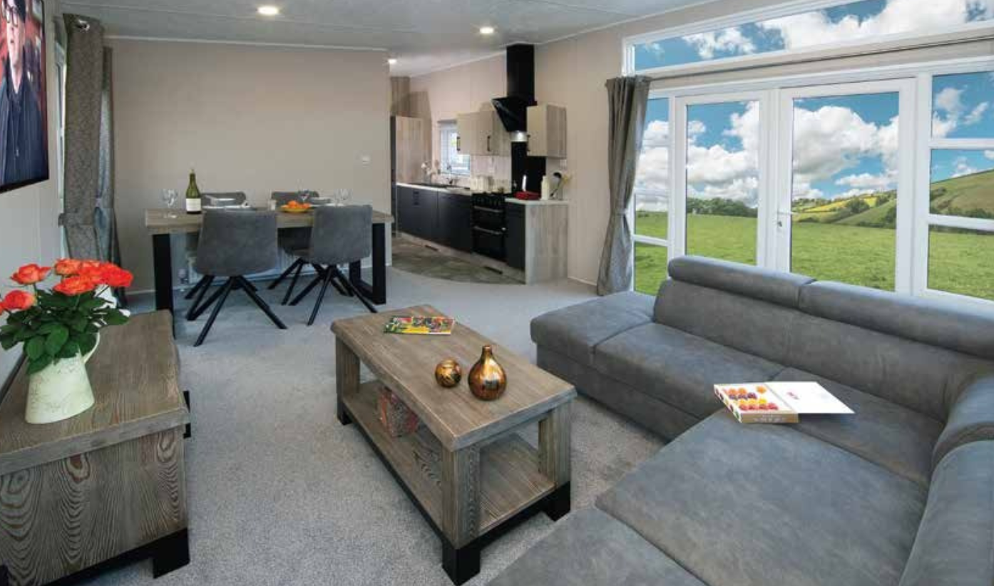 New Delta Athena Static Caravan open plan kitchen diner living room