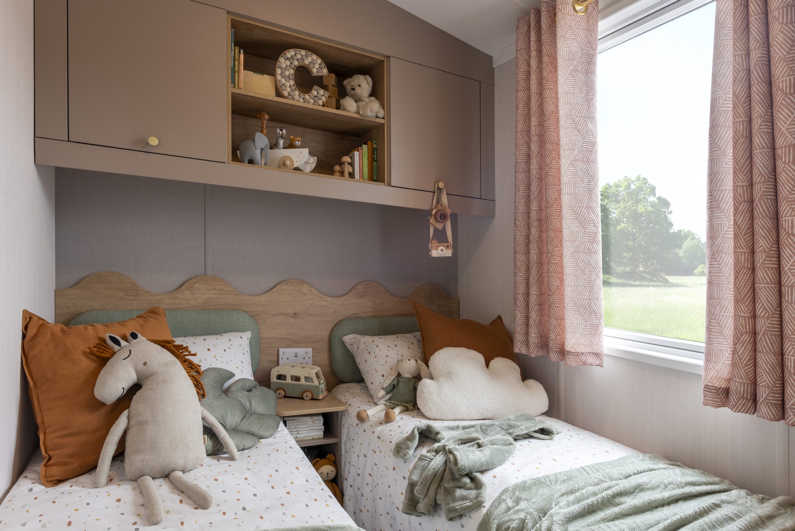 New Swift Burgundy Static Caravan twin bedroom